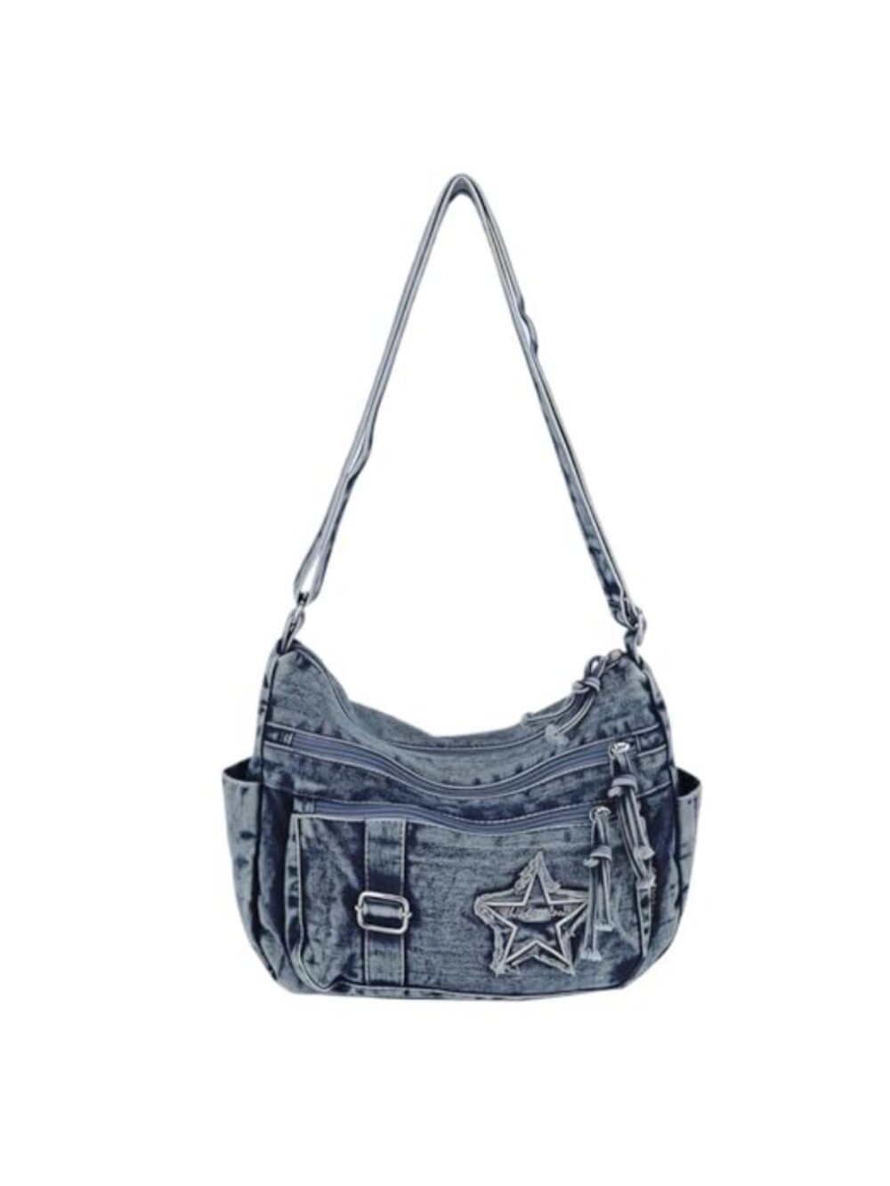 Y2K Denim Crossbody Bag Star Patch Multi Pocket Grunge Purse
